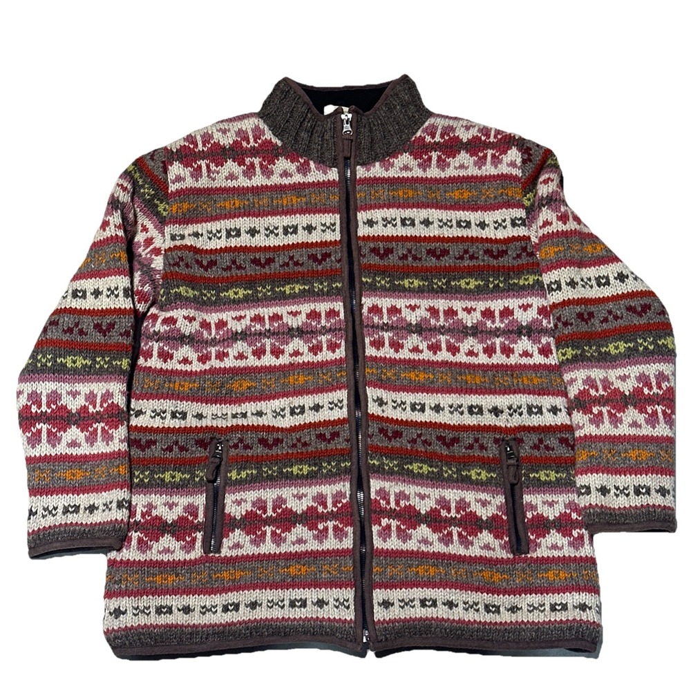 Pachamama Fair Isle 100% Handmade Wool Knit Jumper Woman's SZ L Jacket Zip Up